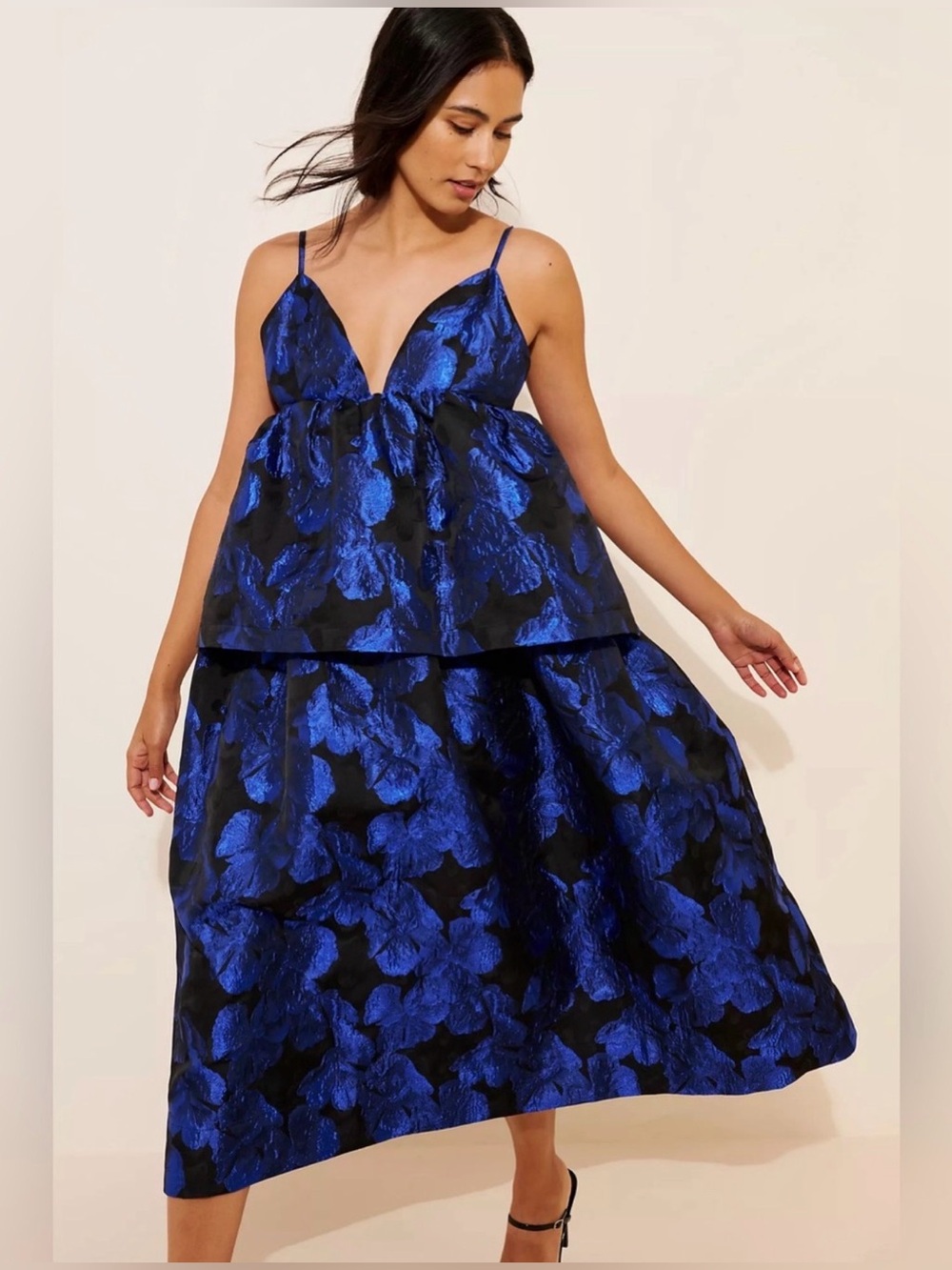 By Anyhropologie Sleeveless Dress Metallic Jaquard Royal Blue Black M